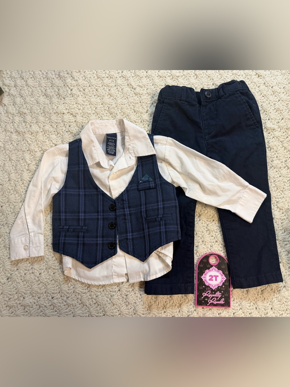 Nautica Boys Navy Plaid Vest Set with White Shirt and Navy Pants